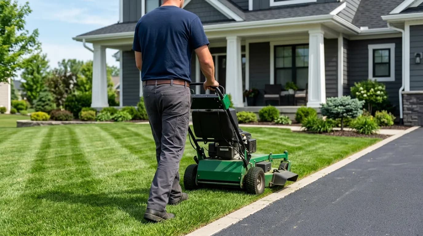 Landscaping crew member mowing a striped green lawn in front of a house in summer