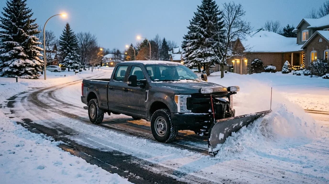 Plow truck clearing a snowy residential street at dusk under streetlights